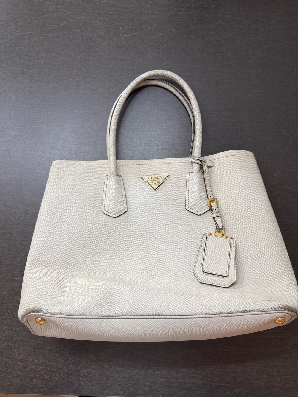 Prada cream Saffiano Leather double Tote with Gold Hardware